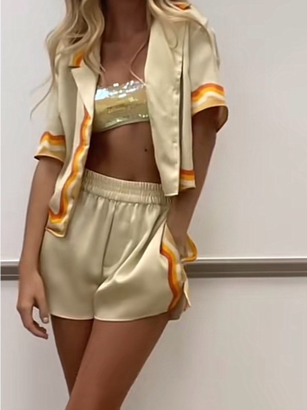 Gianni Bini Cream Satin Women’s Stripe-Trim Elastic-Waist *Shorts Only*